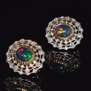 Certified Natural 4.41Cts Diamond Black Opal 18K Solid Gold Cocktail Earrings